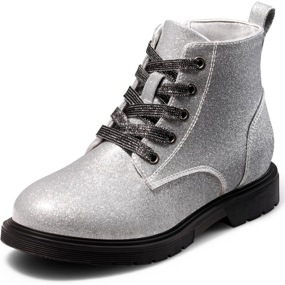 🆕Girls Ankle Boots Sliver Glitter Combat Zipper Lace Up Winter Dress Boot